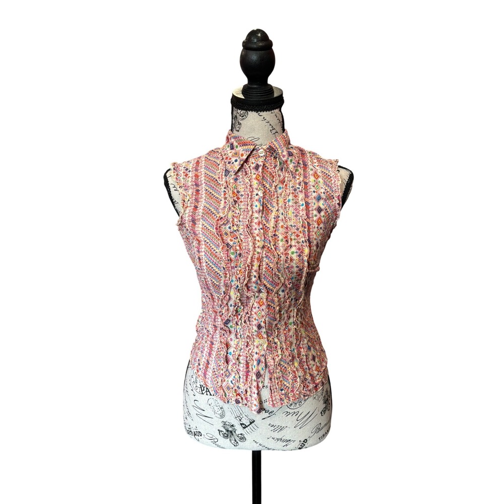 Rampage Womens Small Sleeveless Ruffle Front Geometric Diamond Print Cotton Top